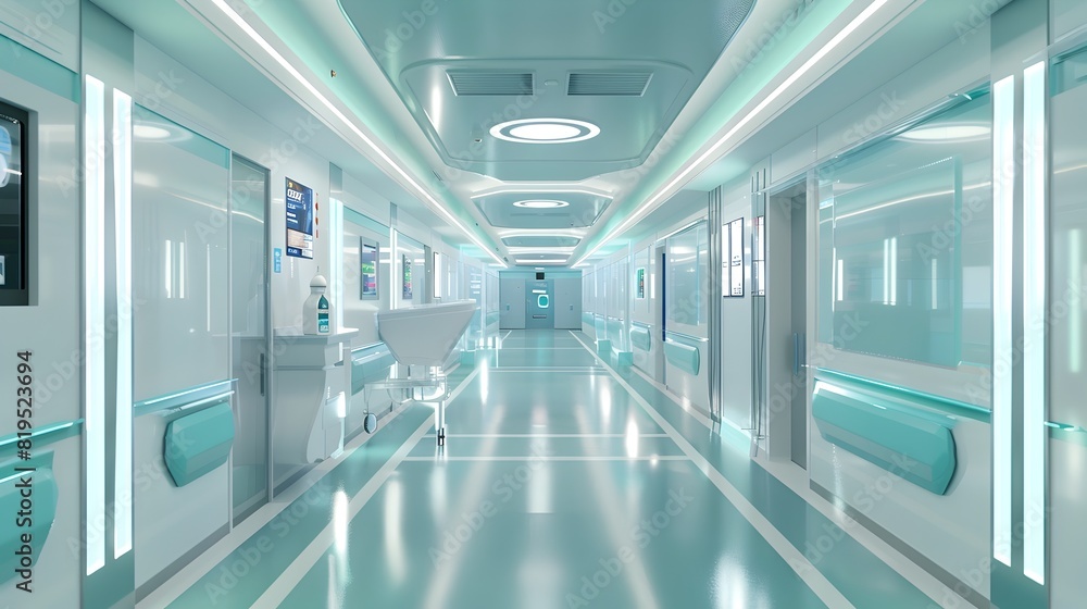Empty Bright Teal Hospital Corridor with Minimalist Architectural Design