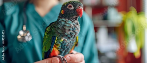 Veterinarian holding colorful parrot during examination, showcasing pet care and avian healthcare in a veterinary clinic setting. photo