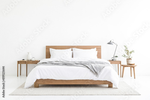 Minimalist Bedroom with Wooden Bed and White Bedding