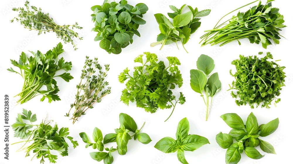 Fototapeta premium Assortment of Freshly Picked Aromatic Herbs and Greens for Healthy Cooking and Culinary Purposes