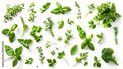 Assortment of Fresh Aromatic Herbs and Greens from Organic Garden