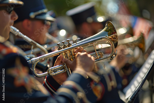 Instruments gleam as the band plays in perfect harmony during a Memorial Day parade.