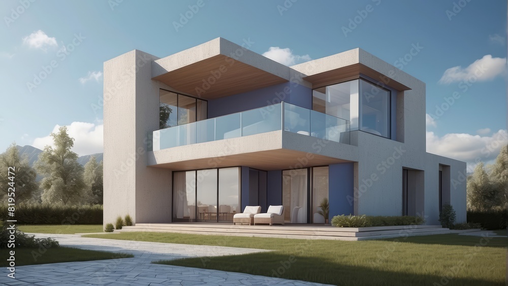 Architecture modern house with flat roof home, 3D building design illustration