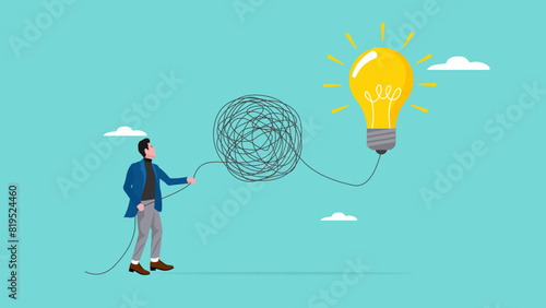 Process emotions to clear your mind, remove barriers to focus, creative businessman untangles messy lines to find lightbulb idea