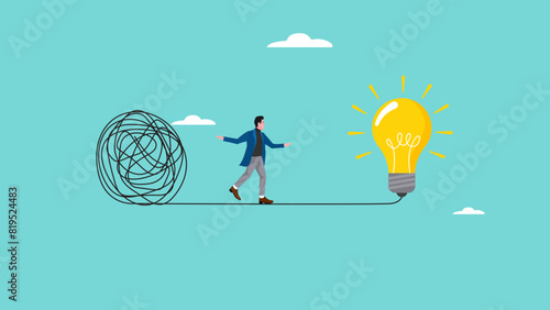 Careful of Problem Solving with creative idea solution, thought process to find a way out of a problem, conscientious businessman crossed a stretch of messy lines to a lightbulb idea