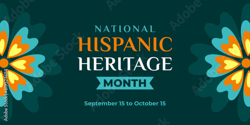 Hispanic heritage month. Vector web banner, poster, card for social media, networks. Greeting with national Hispanic heritage month text, ornament on green background with blue, yellow color