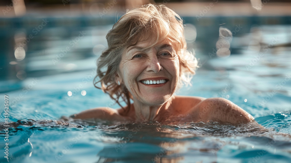 beautiful senior woman smiles while swimming in the pool beautiful senior woman smiles while swimming in the pool