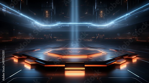 sleek black podium background with neon accents, in a nightclub with vibrant lights and a dance floor, atmosphere of energy and nightlife