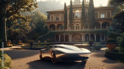 Retro Futuristic Silver Sports Car Parked Outside Villa Facing Large Pond - GENERATIVE AI