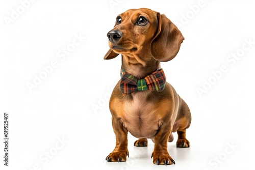 Dachshund with a Plaid Bow Tie: A Dachshund standing tall, wearing a stylish plaid bow tie around its neck, with a confident stance. 