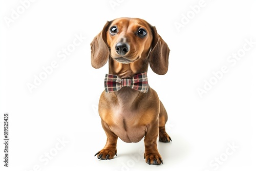 Dachshund with a Plaid Bow Tie  A Dachshund standing tall  wearing a stylish plaid bow tie around its neck  with a confident stance.