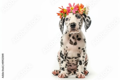 Dalmatian Puppy with a Flower Crown  A spotted Dalmatian puppy sitting on its hind legs  wearing a delicate flower crown with an innocent gaze. photo on white isolated background