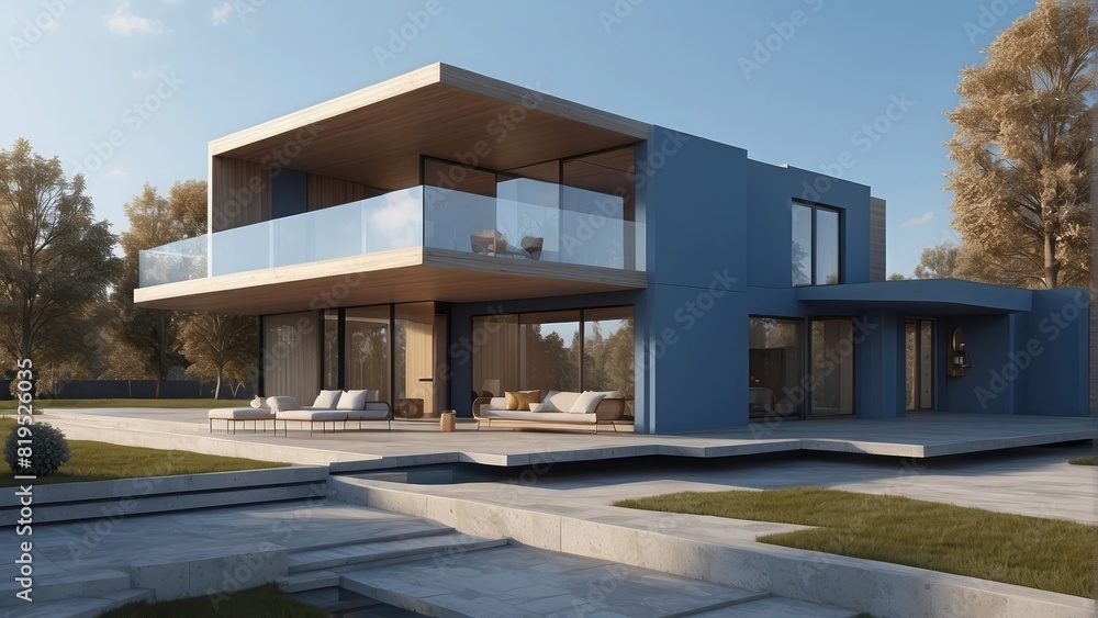 Architecture modern house with flat roof in daylight, 3D building design illustration
