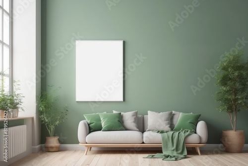 Wall mockup in interior background, room in Grass Green colors, Scandi style, blank poster frame