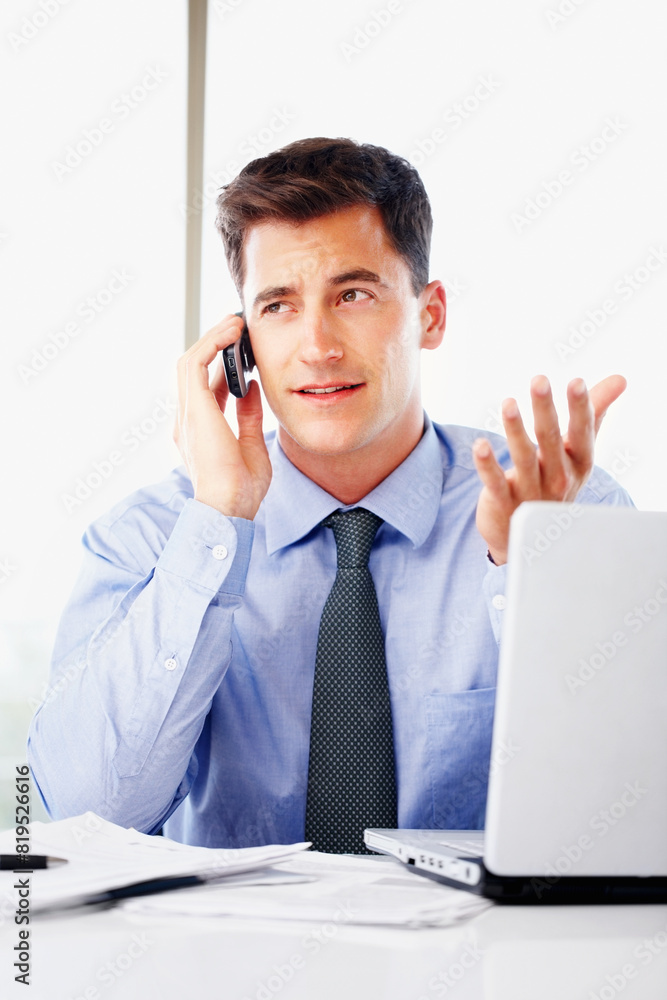 Businessman, office and phone call with laptop for thinking or conversation, financial or investment banking. Male banker, mobile and computer with talking, idea for company growth with stock market Businessman, office and phone call with laptop for thinking or conversation, financial or investment banking. Male banker, mobile and computer with talking, idea for company growth with stock market