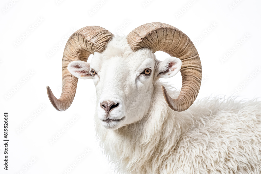 Close-up of a White Ram's Face with Large Horns Close-up of a White Ram's Face with Large Horns