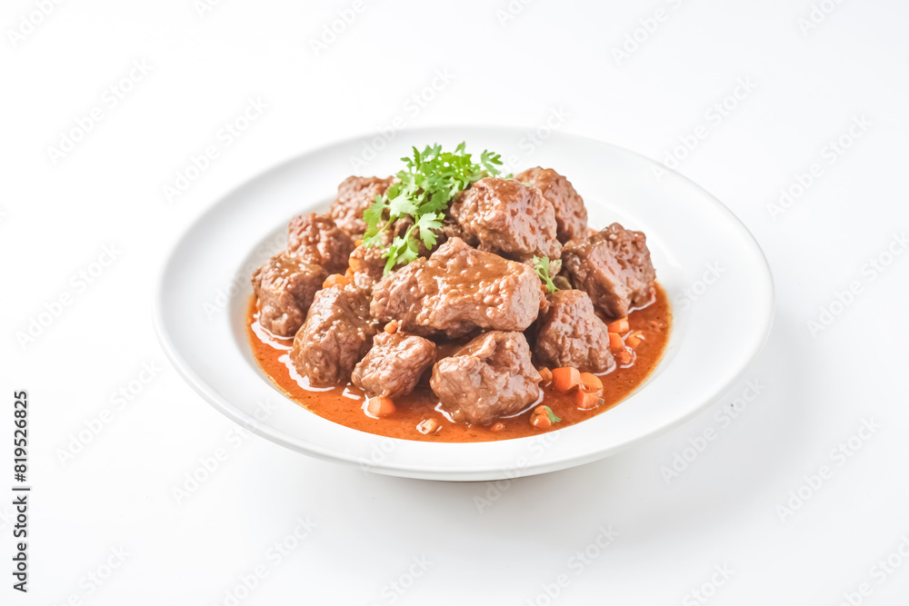 Beef Stew with Carrots and Parsley on White Background