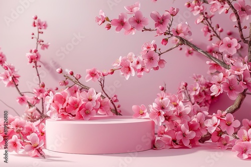 A product podium decorated with pastel pink peonies for spring. Generative Ai