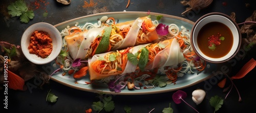 asian spring rolls with garlic sauce and other toppings, photo