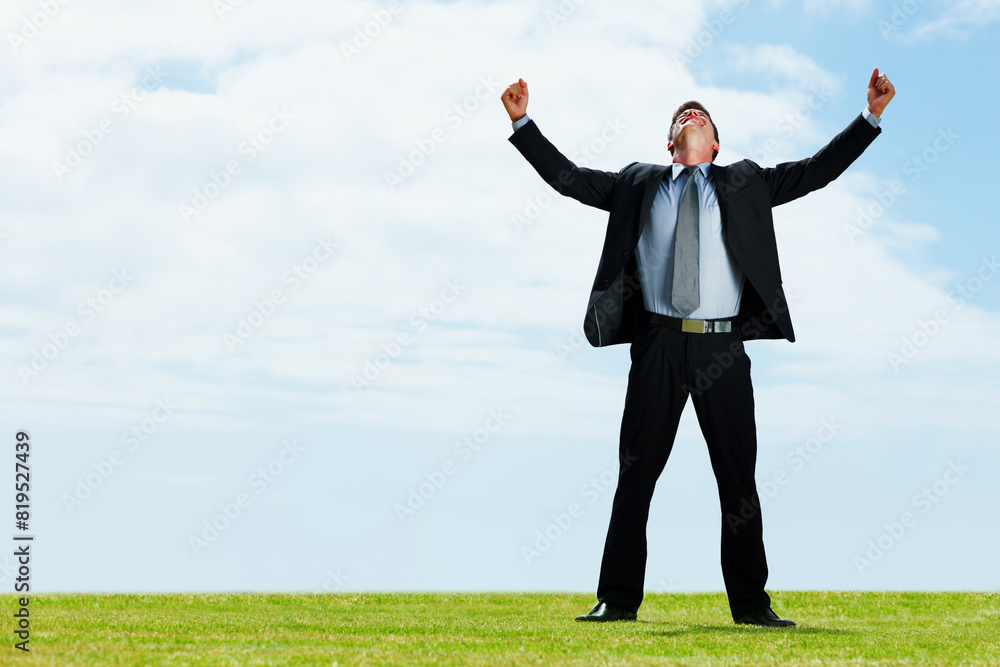 Businessman, field and celebrate with open arms for success, freedom and energy with cloudy sky. Male leader, winner and grass for victory, growth and achievement in corporate company with happiness Businessman, field and celebrate with open arms for success, freedom and energy with cloudy sky. Male leader, winner and grass for victory, growth and achievement in corporate company with happiness
