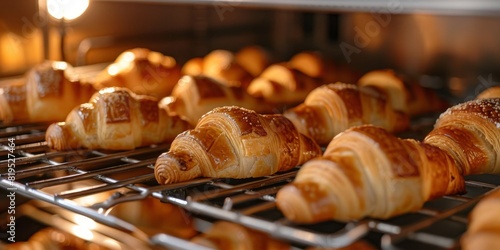 Freshly baked croissants are in tray after leaving the oven for customers