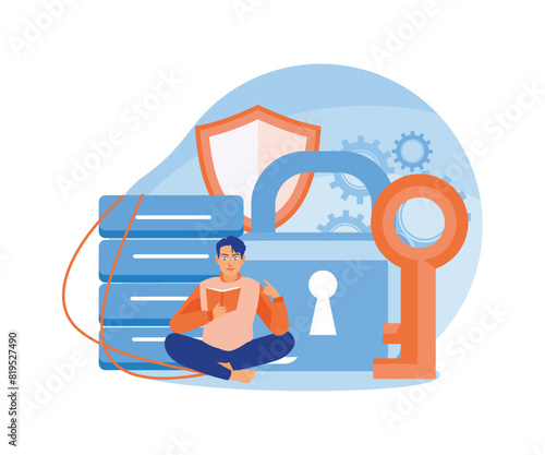 Man reading a book about how to store electronic data. Use applications that are safe from hackers. Database concept. Flat vector illustration.