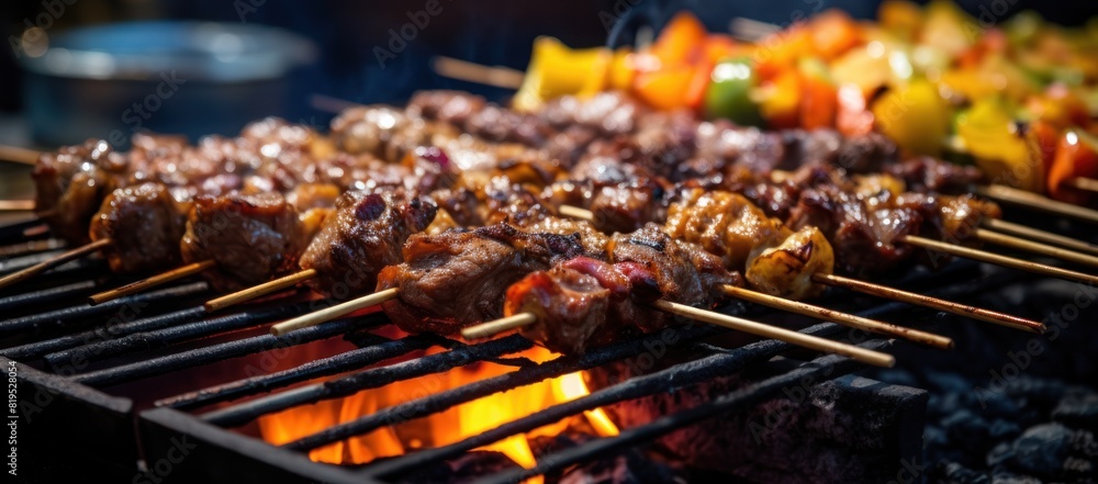 barbecue with meat on skewers with vegetable