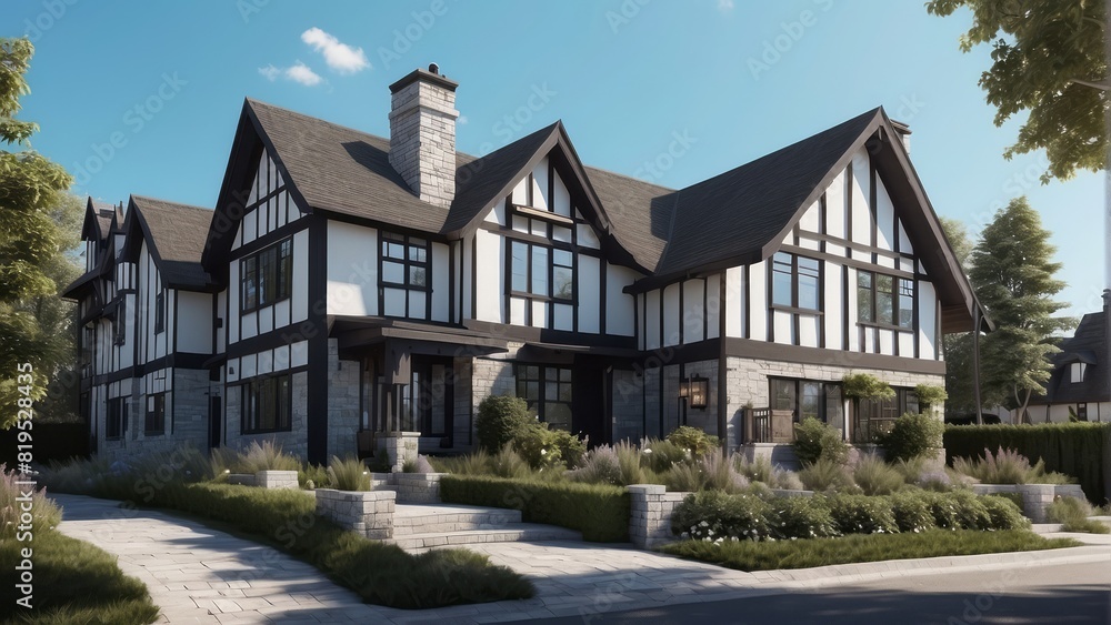 Architecture modern tudor style house with fairy roof in summer day, 3D building design illustration