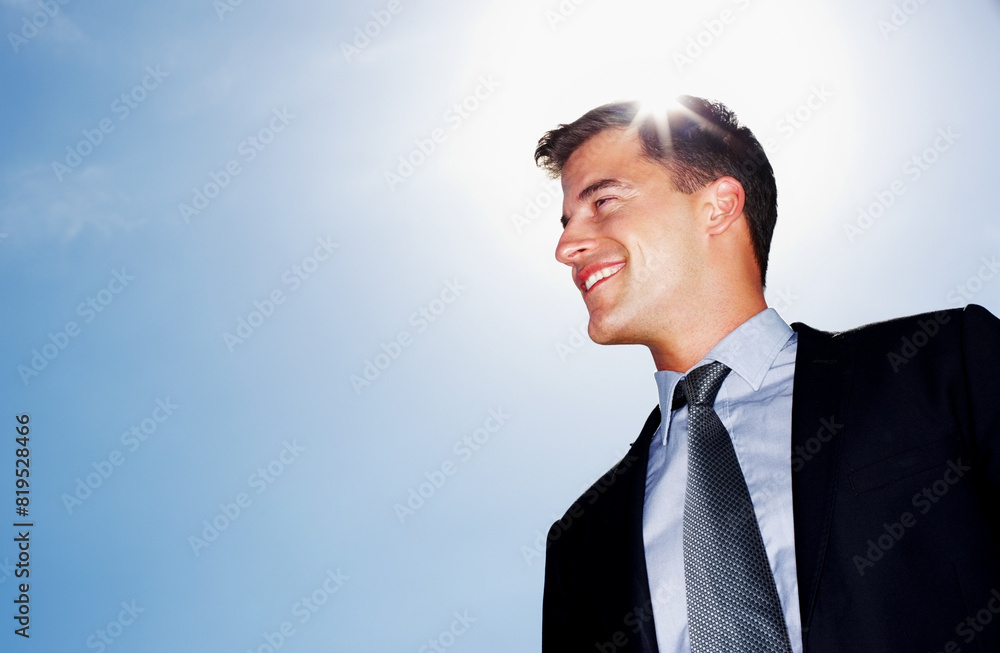 Smile, business man and thinking outdoor for financial advisor planning, dream or inspiration by blue sky mockup space. Vision, idea and happy professional with decision, problem solving or low angle Smile, business man and thinking outdoor for financial advisor planning, dream or inspiration by blue sky mockup space. Vision, idea and happy professional with decision, problem solving or low angle