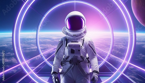 android robot with space, spaceship in space, dj with headphones, Astronaut cosmonaut discovery of new worlds of galaxies panorama, fantasy portal to far universe. Astronaut space exploration, gateway