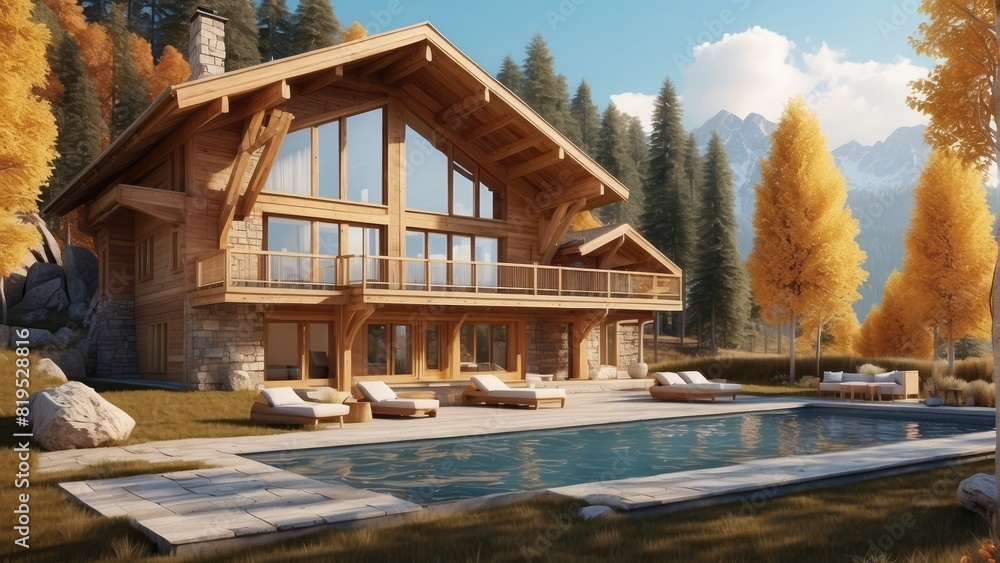 Architecture modern cozy chalet house with swimming pool on forest background, 3D building design illustration Architecture modern cozy chalet house with swimming pool on forest background, 3D building design illustration
