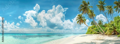 panoramic view of a tropical beach with palm trees and white sand with a blue sky and clouds  a panoramic banner for vacation 