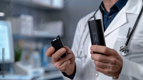 Smart Inhaler Device, Sleek Black, Demonstrated by a Doctor in a Clinical Setting photo