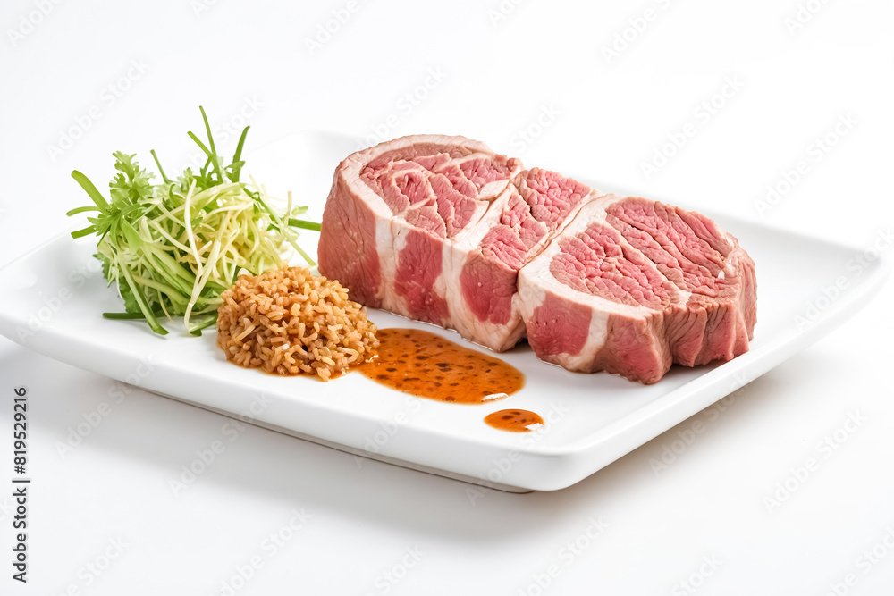 Gourmet Meat Dish with Rice, Sauce and Garnish Gourmet Meat Dish with Rice, Sauce and Garnish