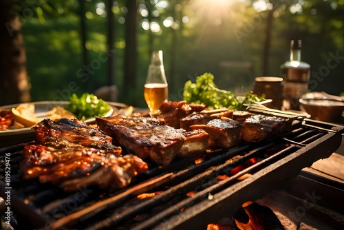 Pork rib racks roasting on a rectangular grill with wood members set in the woods far away and the sun far away. Large  long wooden tables are ready for meals  ai  generative