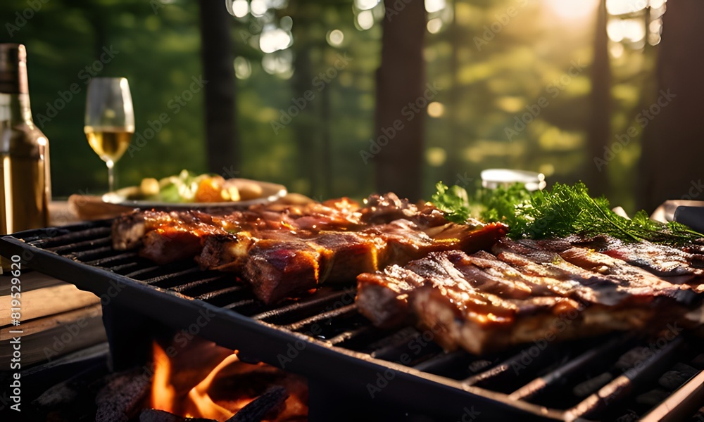 Pork rib racks roasting on a rectangular grill with wood members set in the woods far away and the sun far away. Large, long wooden tables are ready for meals, ai, generative