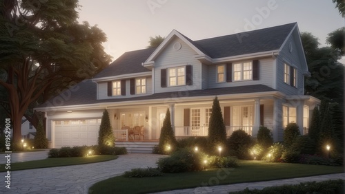 Architecture cozy classic house in colonial style on clear summer evening, 3D building design illustration