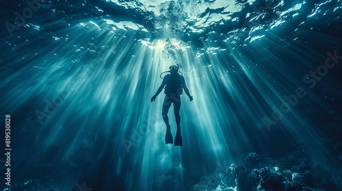 A free diver descending into the depths holding their breath close up, adventure, realistic, double exposure, deep sea photo