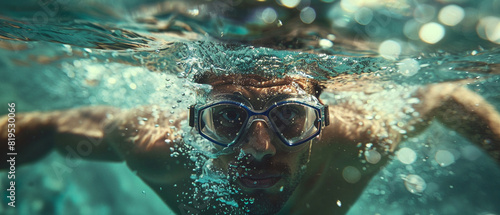 A swimmer holding their breath underwater close up, determination, realistic, overlay, swimming pool