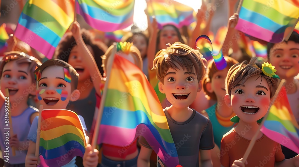 A group of children with pride flags, 3D render, joyful and supportive, diverse crowd A group of children with pride flags, 3D render, joyful and supportive, diverse crowd