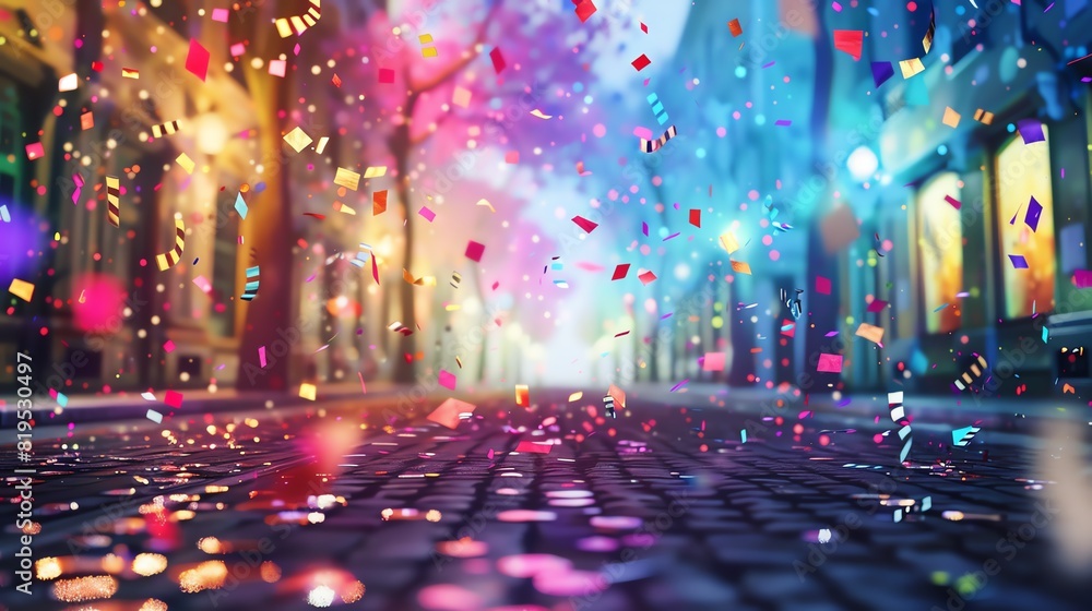 A street party with rainbow confetti, 3D render, festive atmosphere, vibrant colors A street party with rainbow confetti, 3D render, festive atmosphere, vibrant colors