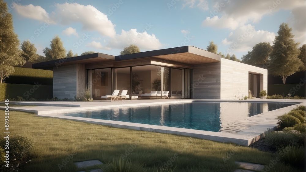 Architecture modern one-story house with flat roof and swimming pool, Exterior 3D building design illustration Architecture modern one-story house with flat roof and swimming pool, Exterior 3D building design illustration