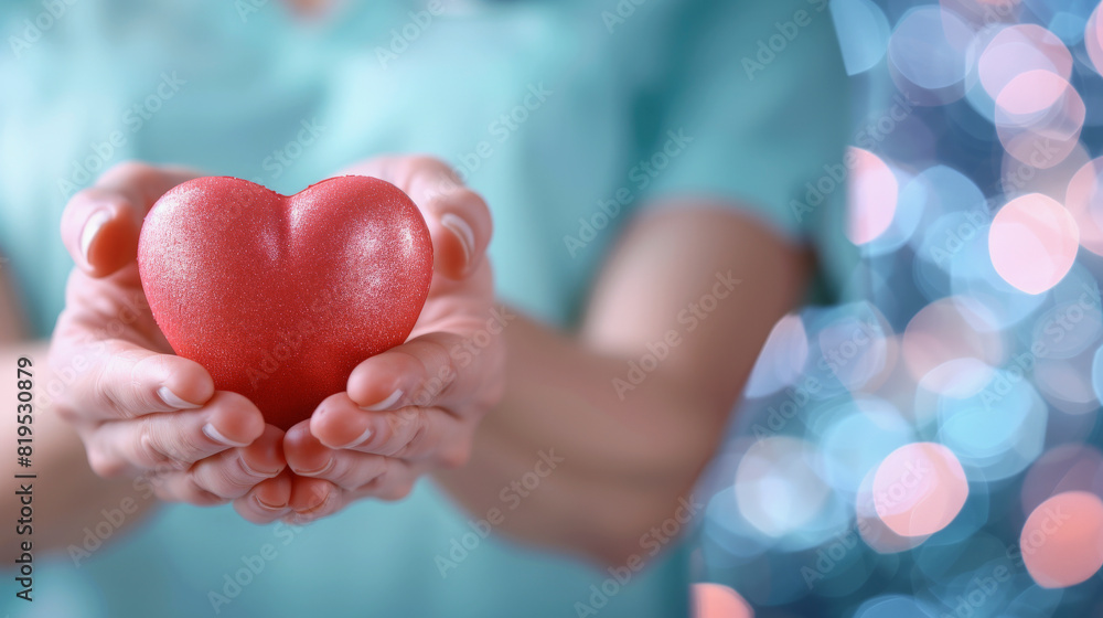 A person holds a red heart in their hands with a soft focus on a sparkling light background, symbolizing care, love, and health. A person holds a red heart in their hands with a soft focus on a sparkling light background, symbolizing care, love, and health.