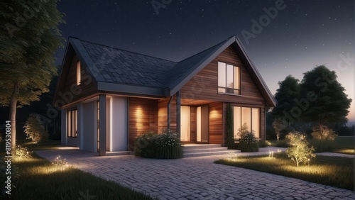 Architecture modern cozy clinker house on summer night, 3D building design illustration photo