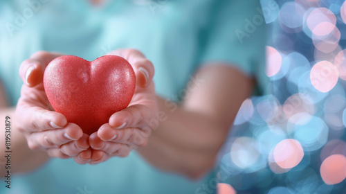 A person holds a red heart in their hands with a soft focus on a sparkling light background  symbolizing care  love  and health.