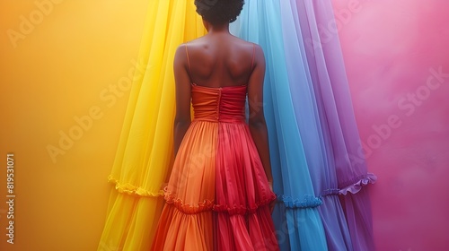 Striking Strapless Dress in Vibrant Rainbow Hues on Dramatic Stage photo
