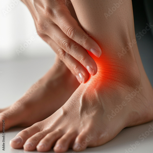 A person is holding their ankle with a visible red pain indication, suggesting an ankle injury or discomfort in that area. photo