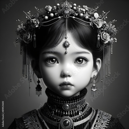 Eine schwarz-weiße Puppenillustration mit großen, ausdrucksvollen Augen, verziert mit aufwendigem, gotischem Kopfschmuck aus Blumen und Perlen. Das Puppengesicht wirkt lebendig