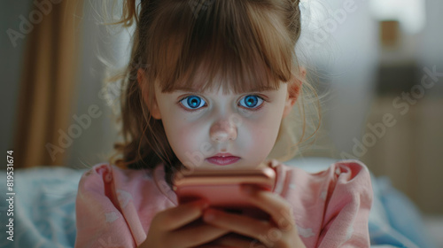 A young girl with striking blue eyes holding a pink smartphone, with a focused expression, indicative of the modern child's engagement with digital devices. photo