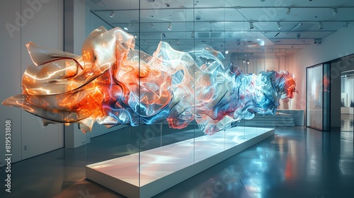 A side view of a futuristic art installation where robotic arms create dynamic sculptures photo